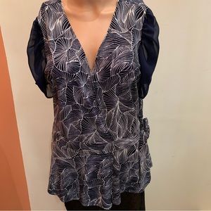 NAÏF. Navy & White top with palm prints. Wrap around with belt. Ruched s…